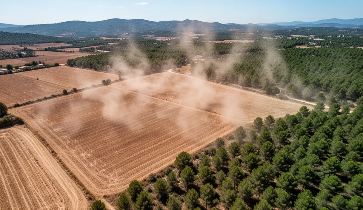 Dry landscape under intense sunlight indicating a heatwave