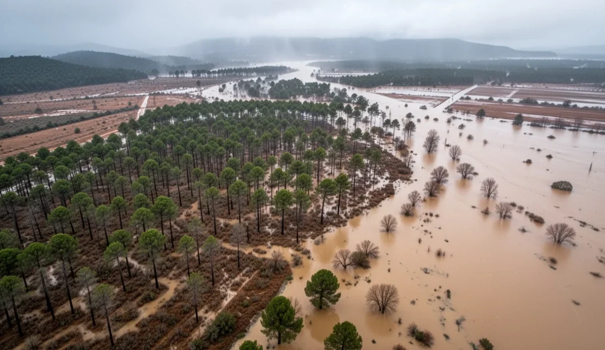 Vista aérea mostrando bosques secos y áreas inundadas en Catalunya durante condiciones climáticas extremas.