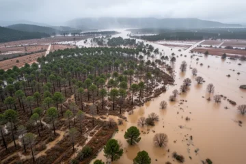 Vista aérea mostrando bosques secos y áreas inundadas en Catalunya durante condiciones climáticas extremas.