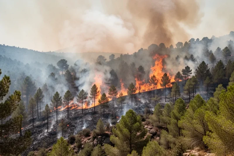 Incendio forestal activo en Catalunya con humo y llamas visibles