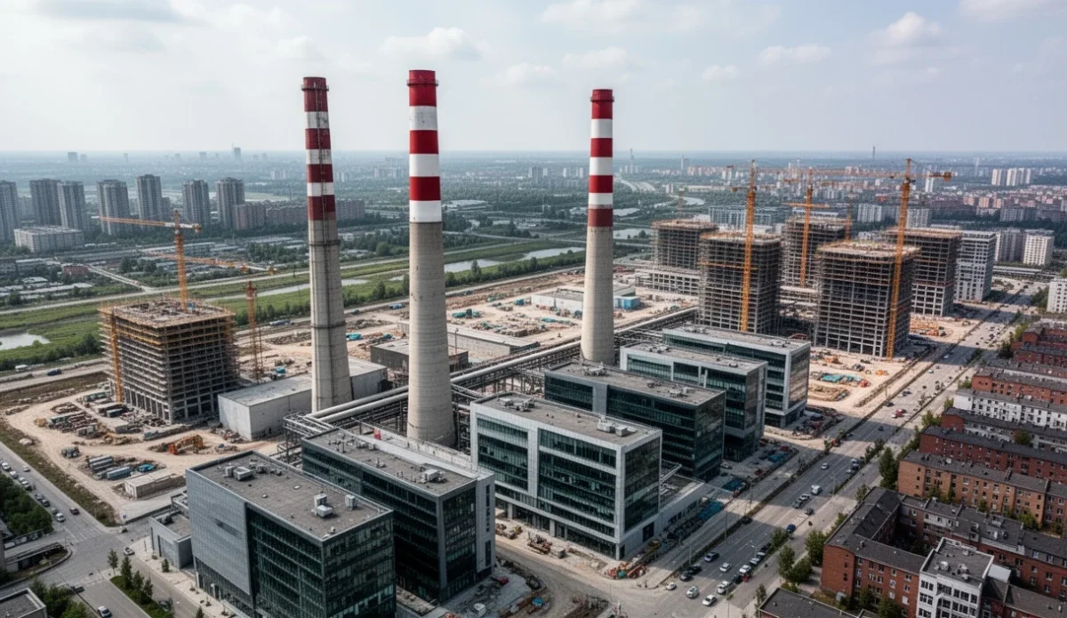 Aerial view showcasing Tres Xemeneies site with industrial structures surrounded by greenery.
