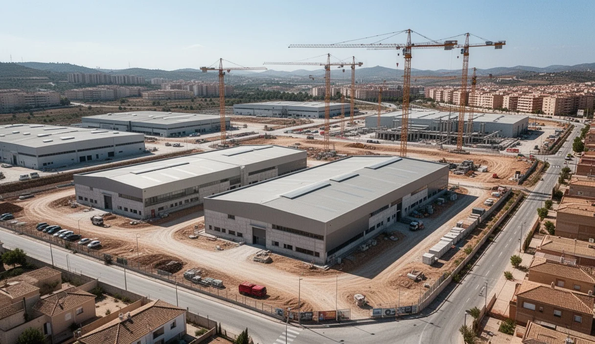 Aerial view showing industrial landscape with three chimneys amidst ongoing construction
