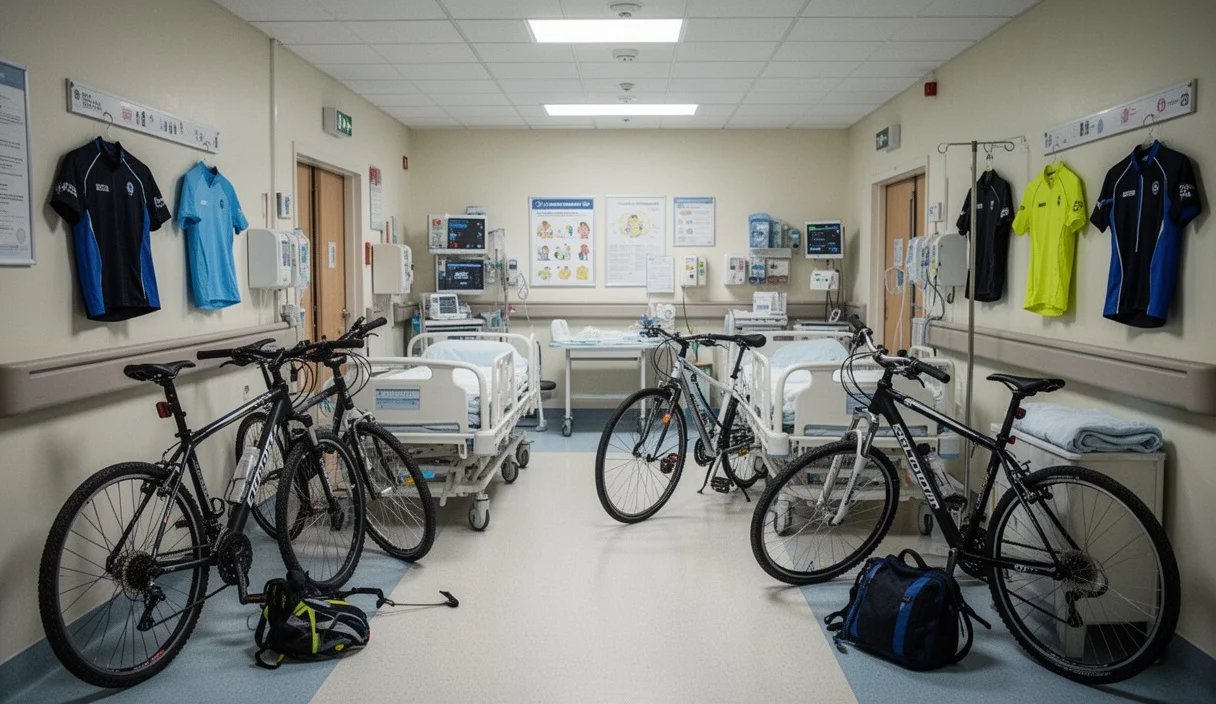 Visita solidaria al servicio pediátrico con bicicletas decorativas