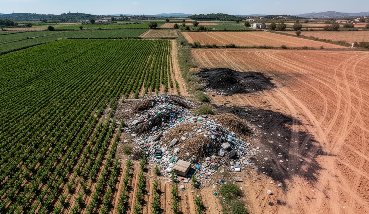 Contaminated agricultural land with warning signs about hazardous materials