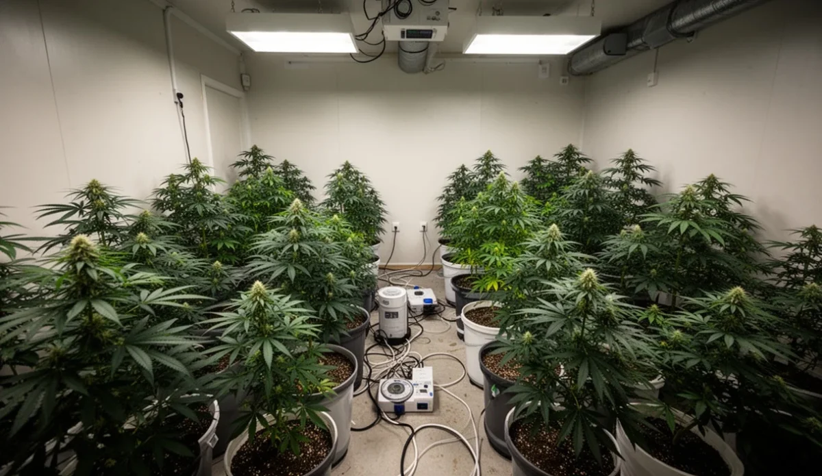 Plantación interior desmantelada con numerosas plantas y equipos especializados