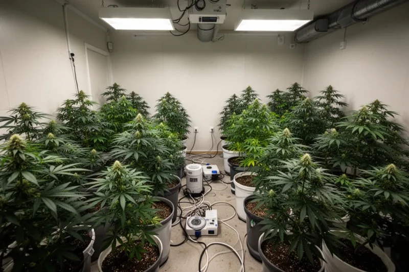 Plantación interior desmantelada con numerosas plantas y equipos especializados