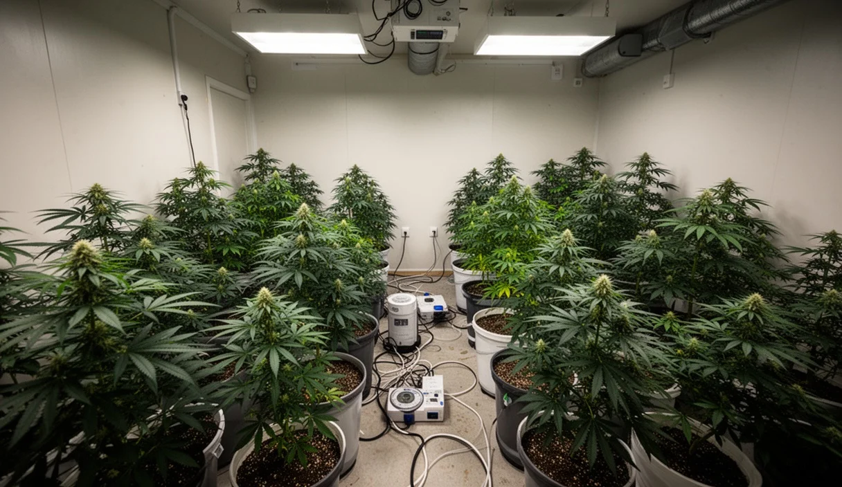 Indoor cannabis grow room filled with mature marijuana plants under bright lights