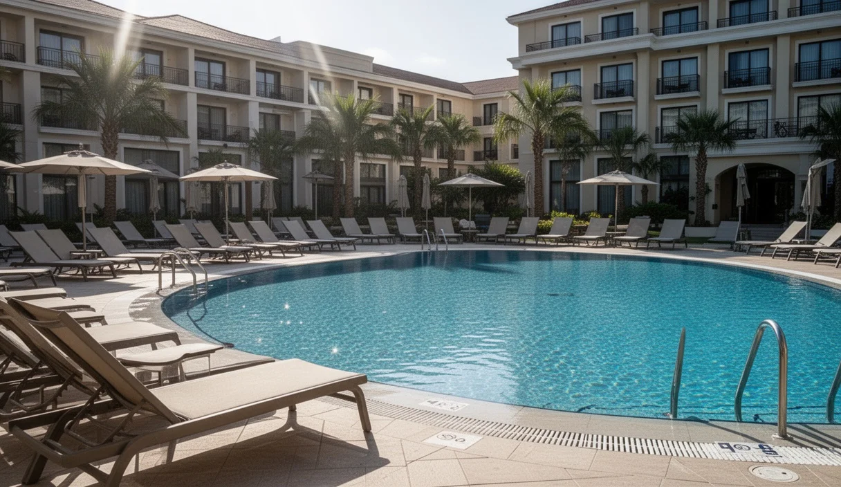 Empty sunbeds by a hotel swimming pool under bright sunlight