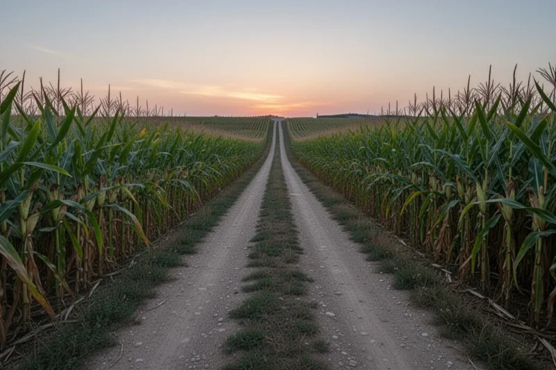 Campo de maíz vacío en Soses al atardecer