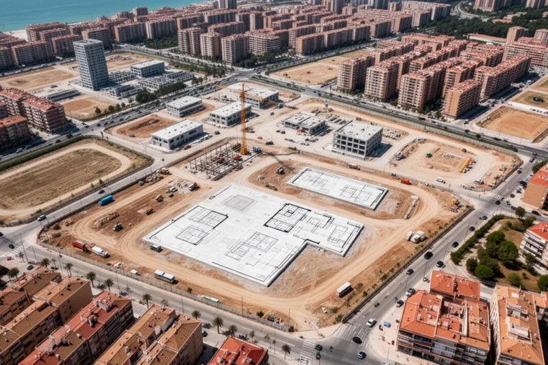 Vista aérea del futuro hub audiovisual en Tres Chimeneas durante su desarrollo urbano.