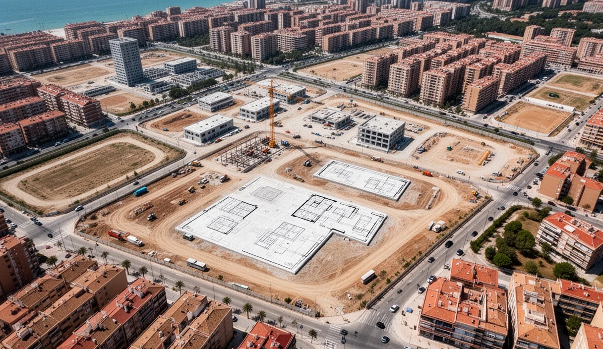 Vista aérea del futuro hub audiovisual en Tres Chimeneas durante su desarrollo urbano.