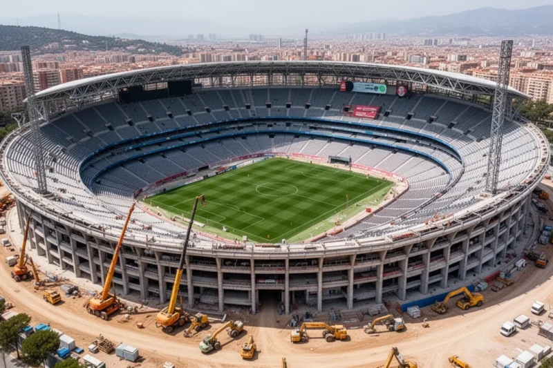 Vista aérea del estadio Spotify Camp Nou con obras visibles y gradas vacías