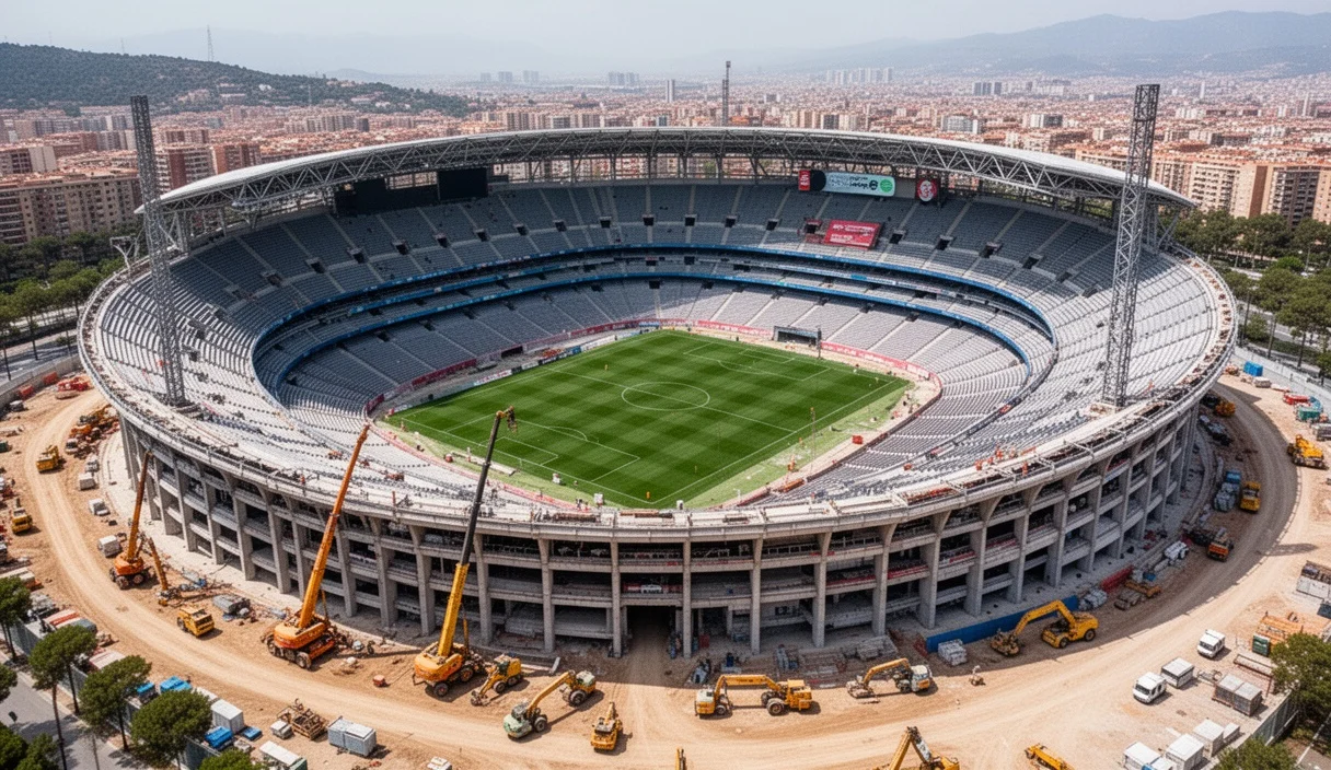Vista aérea del estadio Spotify Camp Nou con obras visibles y gradas vacías