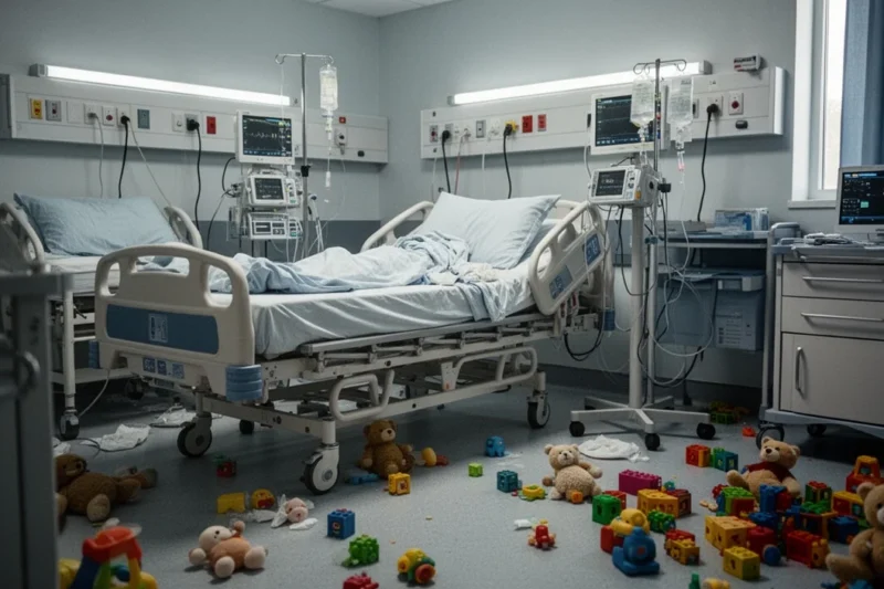 Sala hospitalaria vacía con juguetes infantiles y equipo médico