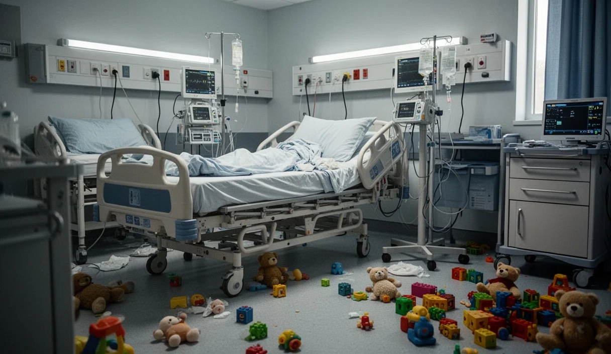 Empty hospital room with crib and medical equipment