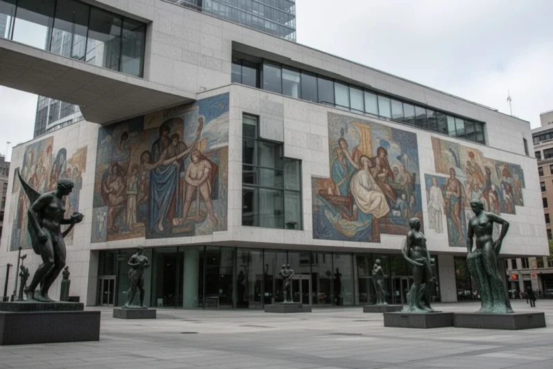 Edificio moderno del Col·legi d'Arquitectes con murales artísticos