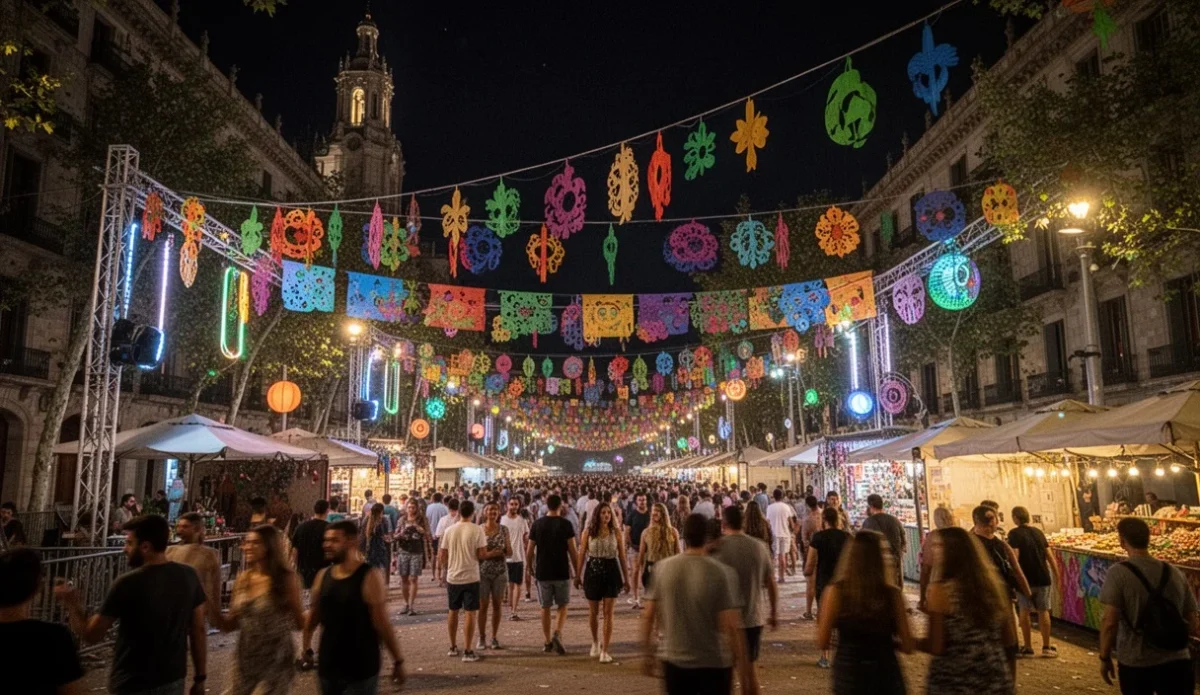 Outdoor festival scene in Barcelona celebrating arts under colorful lights