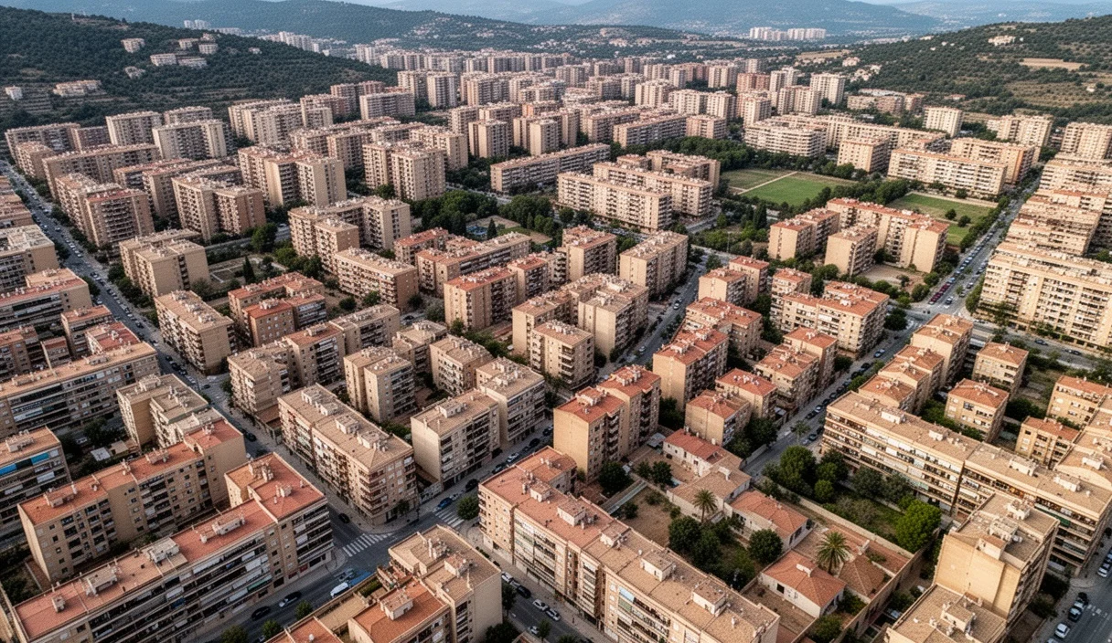 Aerial view of residential buildings in Catalonia highlighting urban density