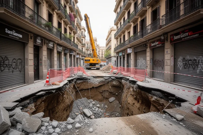 Zona afectada por el socavón en Sant Gervasi con obras visibles