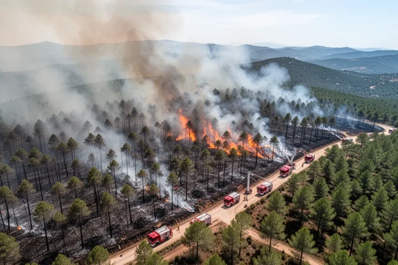 Vista aérea del incendio forestal en las Gavarres con humo visible