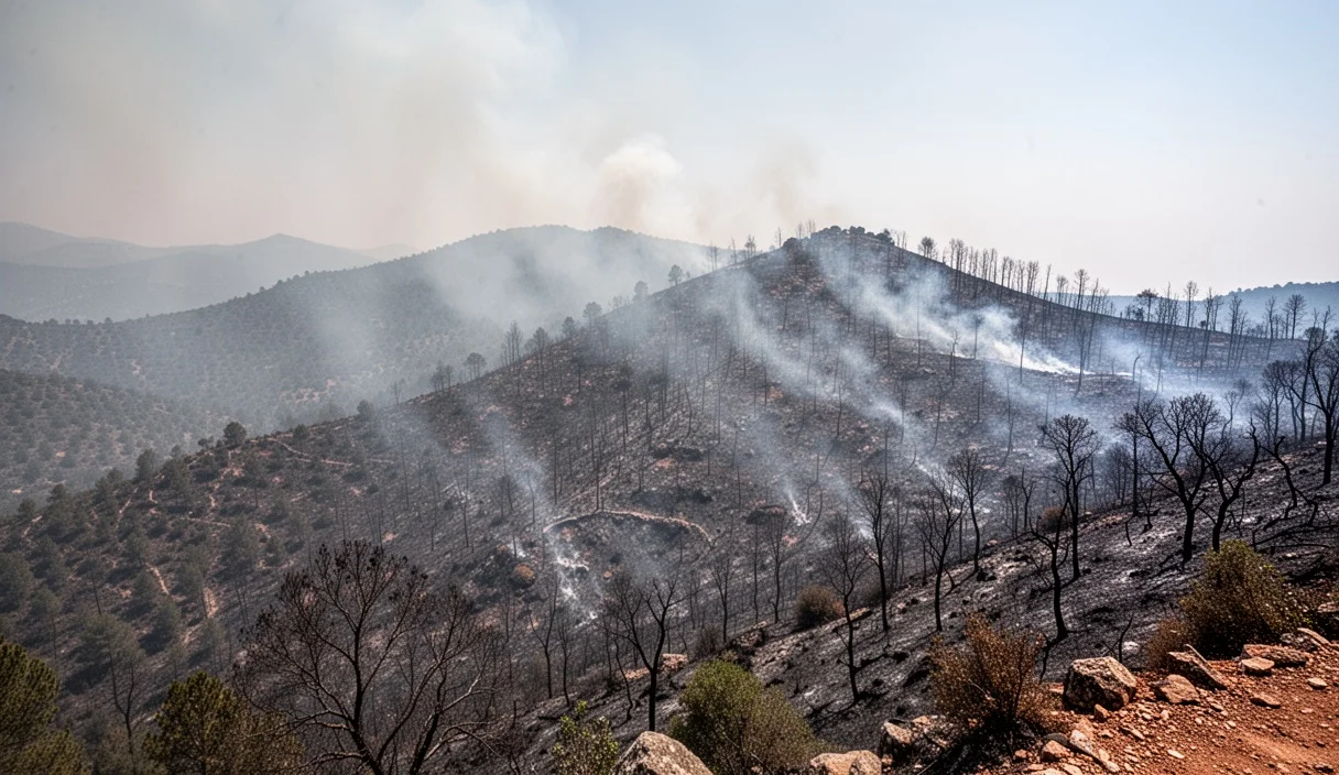 Smoke rising over trees in Gavarres region due to ongoing wildfire