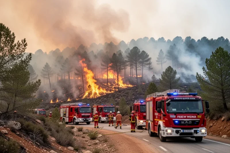 Smoke from a wildfire over hills near Sant Quirze Safaja with emergency vehicles