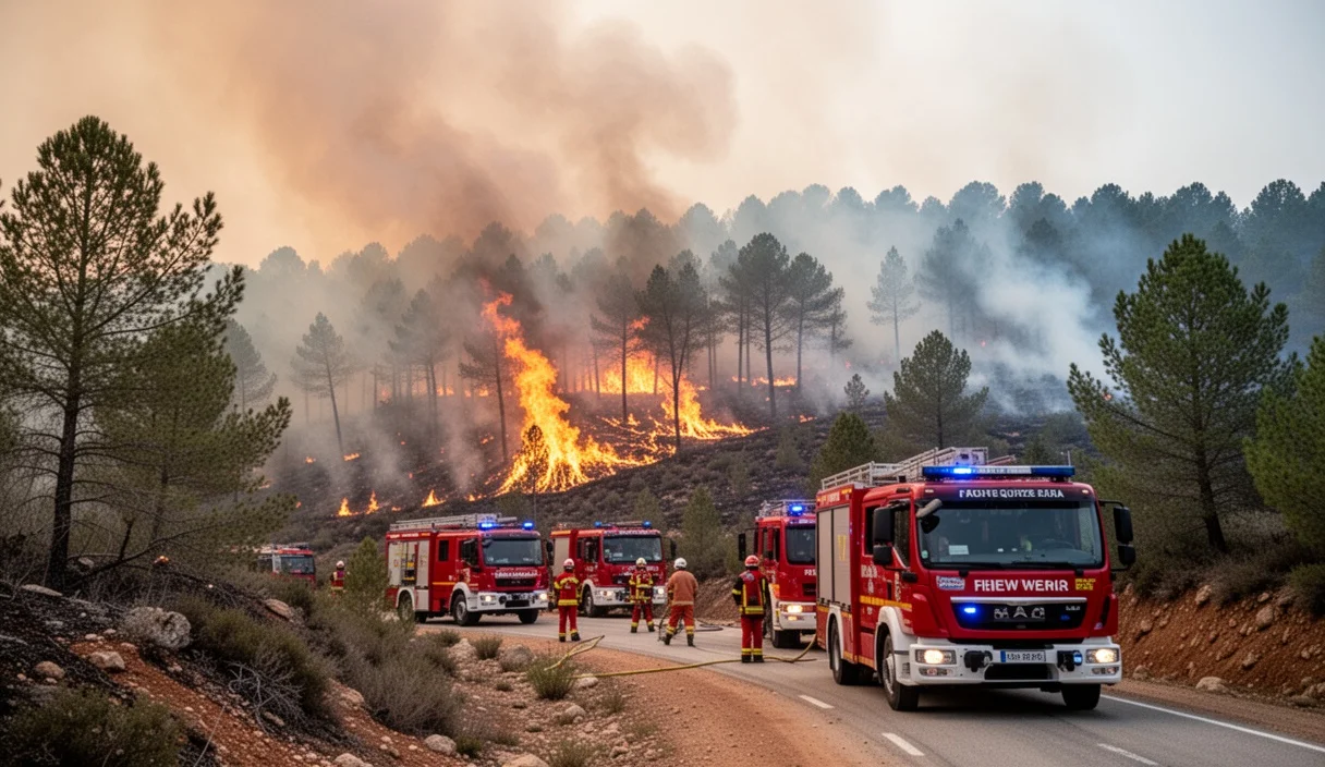 Smoke from a wildfire over hills near Sant Quirze Safaja with emergency vehicles