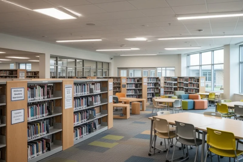 Interior vacío de una moderna biblioteca escolar con estanterías llenas