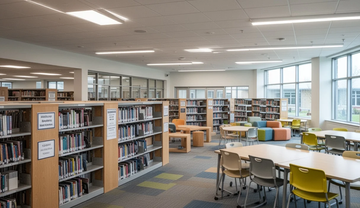 Empty interior of a school library with bookshelves and study areas