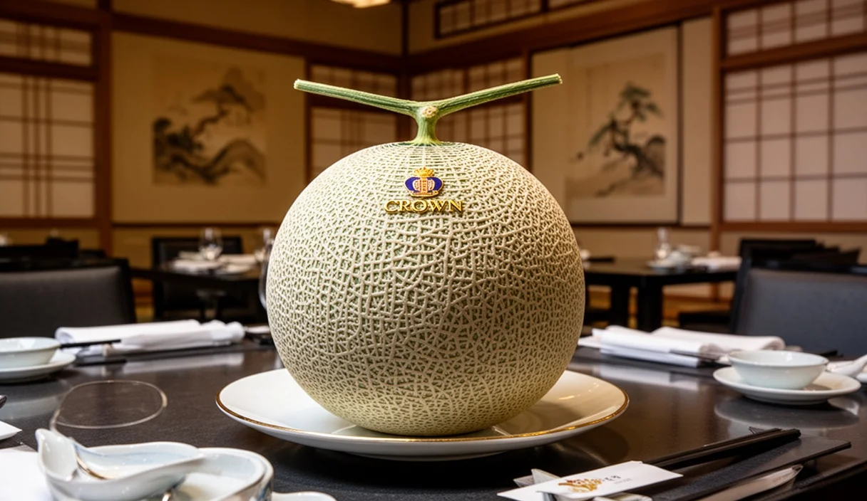 A beautifully arranged Crown melon on a dining table showcasing luxury cuisine