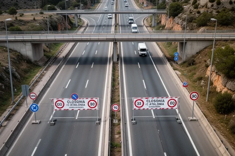 Vista aérea de carreteras catalanas con señales sobre cierres viales por un evento deportivo.