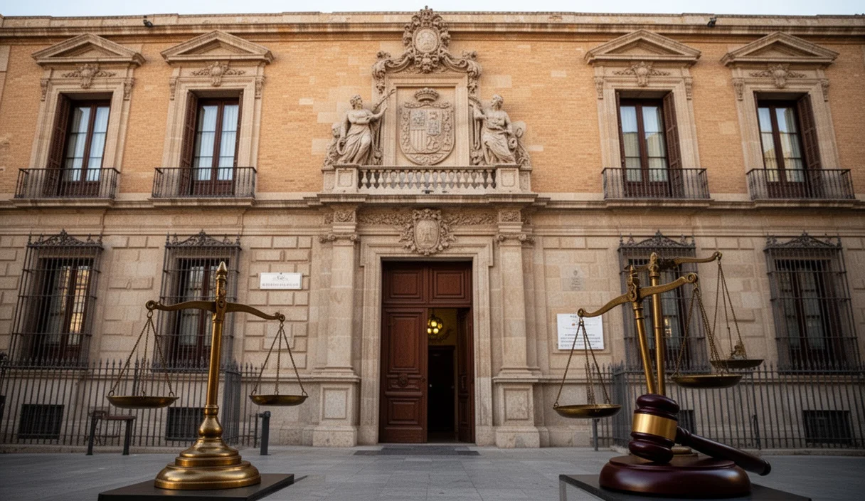 Interior view of an empty courtroom with gavel