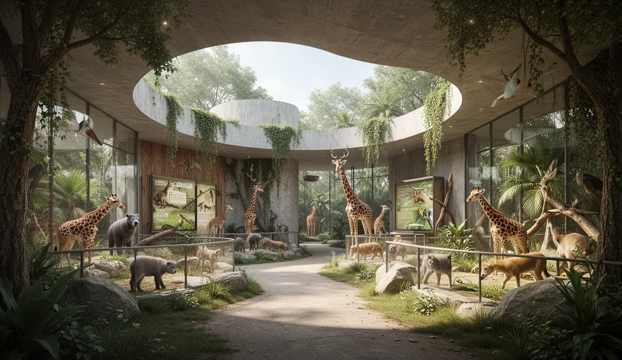 Concepto arquitectónico moderno para un centro inmersivo sobre biodiversidad