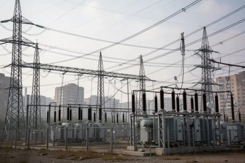 Urban electricity infrastructure showcasing power lines and substations