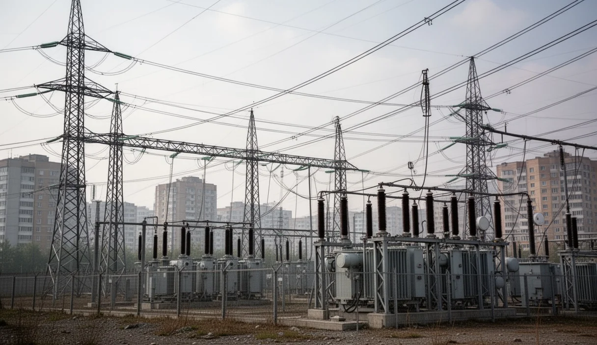 Urban electricity infrastructure showcasing power lines and substations