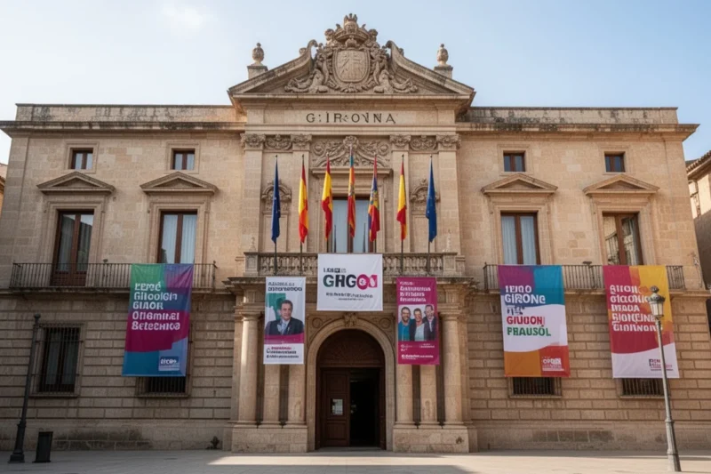 Fachada del ayuntamiento de Girona con banderas políticas