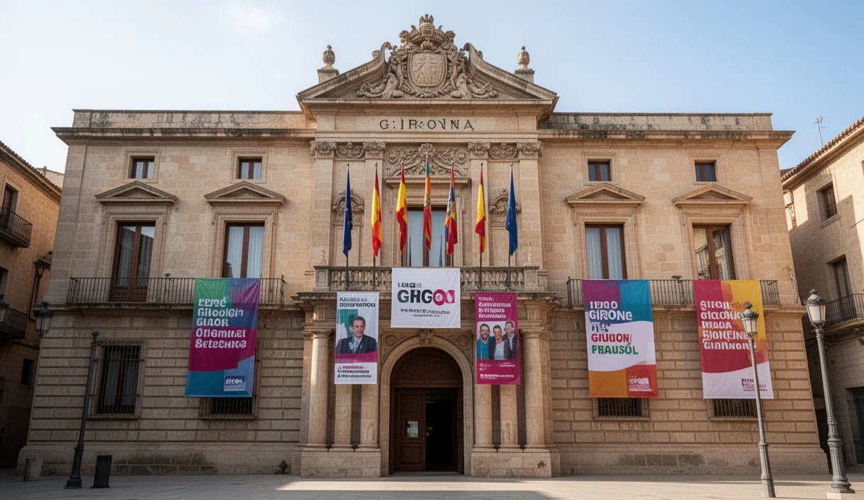Fachada del ayuntamiento de Girona con banderas políticas