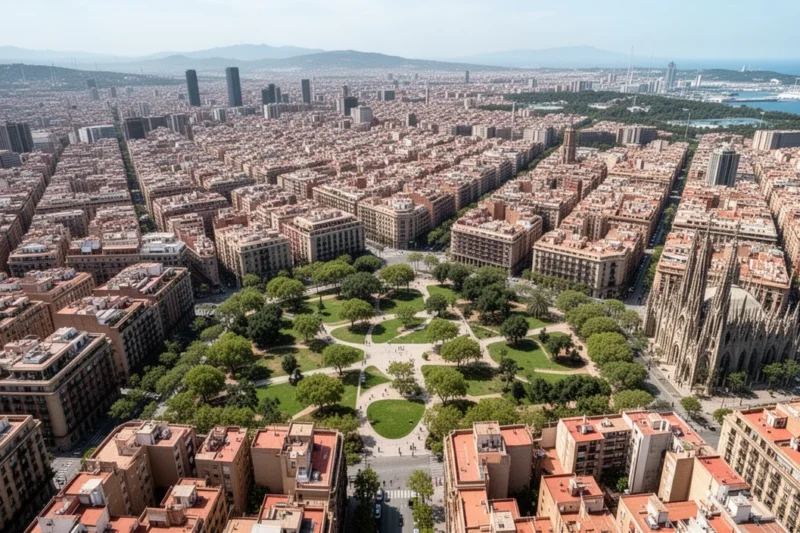 Vista aérea del paisaje urbano de Barcelona destacando barrios diversos y espacios públicos