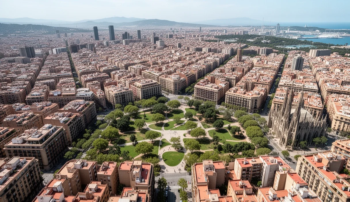 Vista aérea del paisaje urbano de Barcelona destacando barrios diversos y espacios públicos