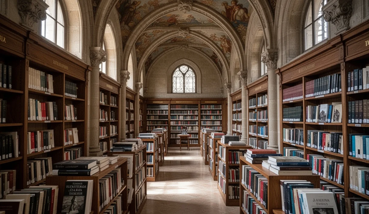 Interior view of a library showcasing shelves filled with books