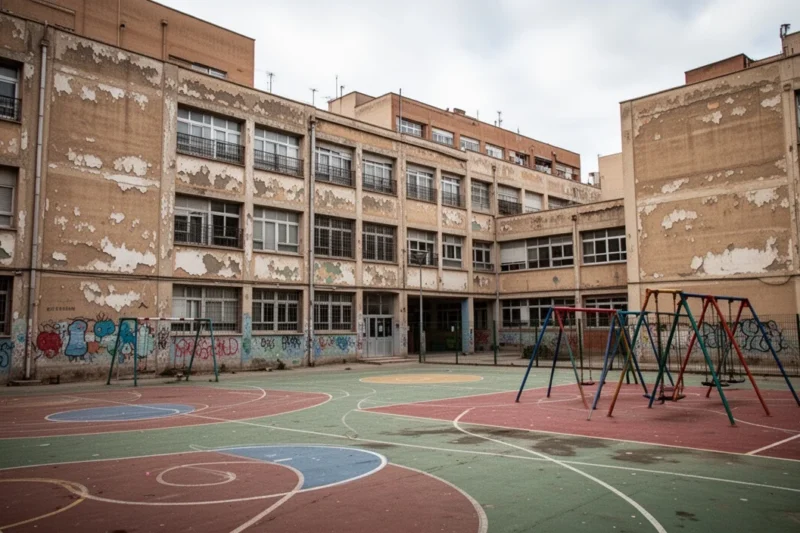 Escuela pública deteriorada en L'Hospitalet con áreas recreativas descuidadas.