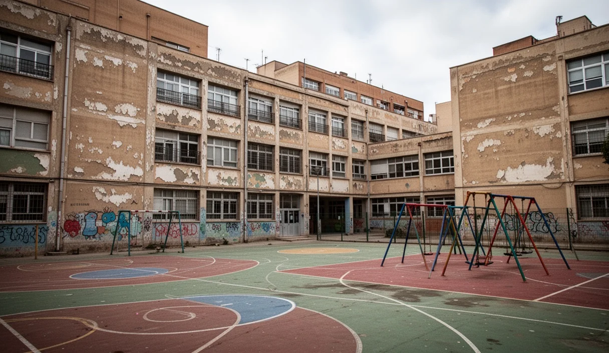 Escuela pública deteriorada en L'Hospitalet con áreas recreativas descuidadas.