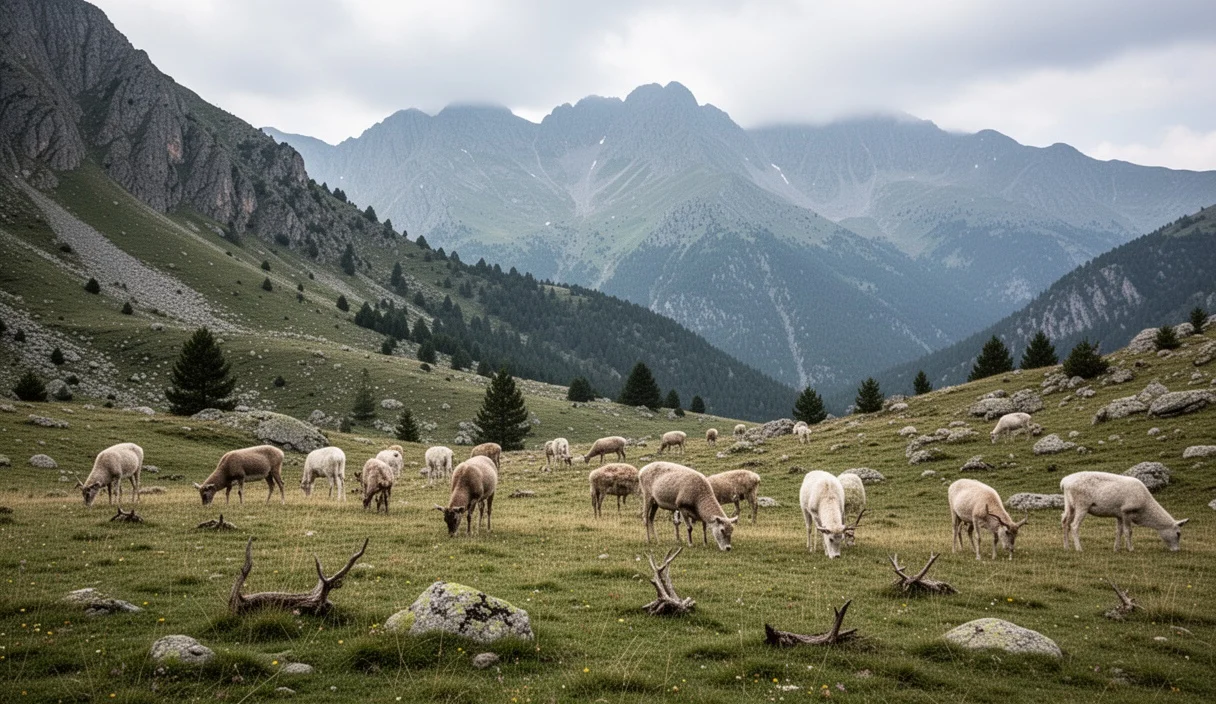 Paisaje montañoso en Pallars Sobirà con ganado pastando