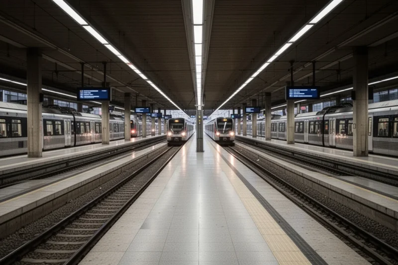 Empty train station platform showing signs of disruption due to a planned strike
