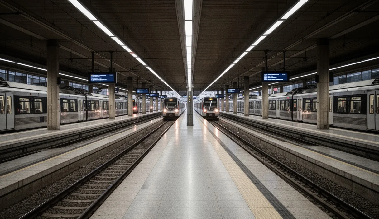 Empty train station platform showing signs of disruption due to a planned strike