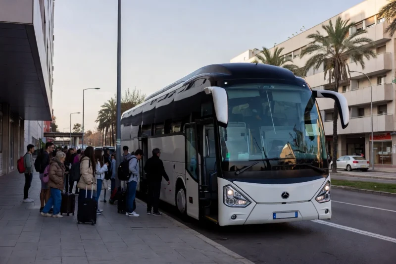 Grupo de personas subiendo a un autocar en Barcelona.