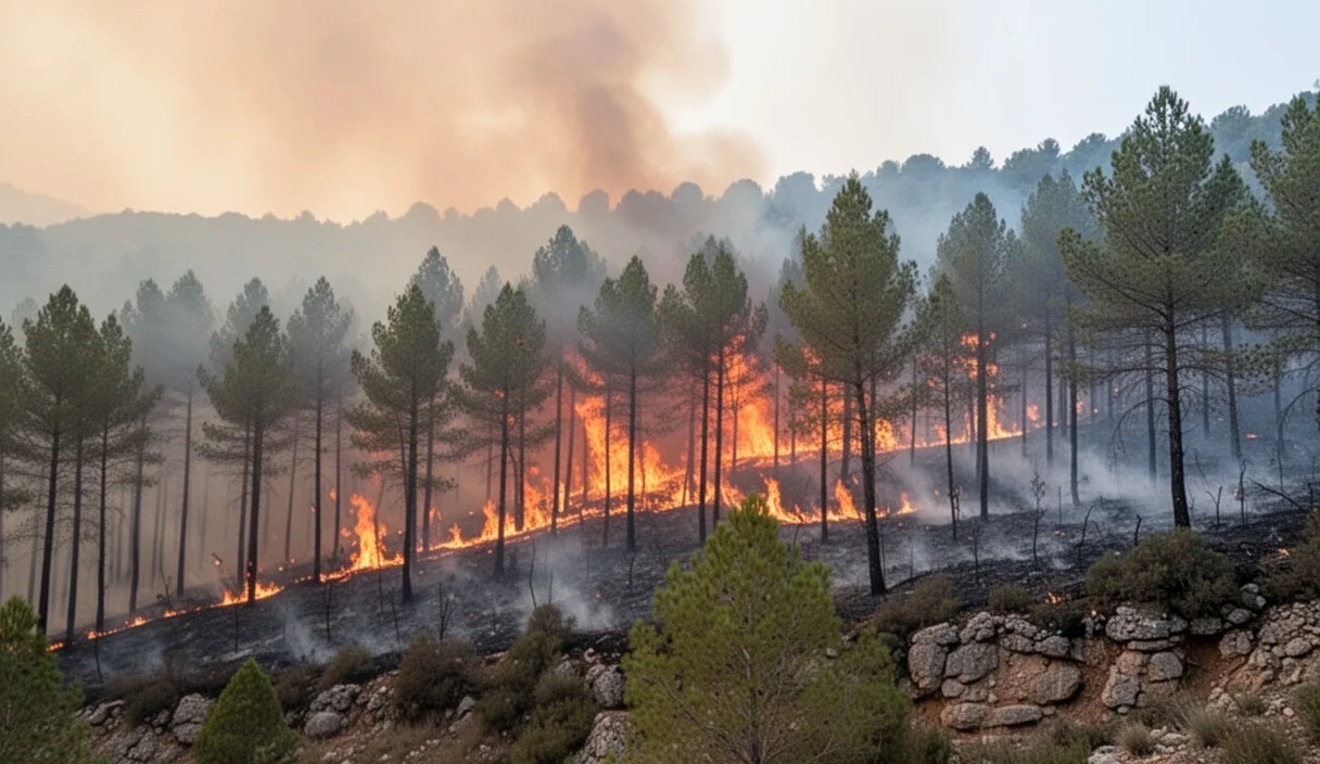Forest area burning during a wildfire with heavy smoke rising