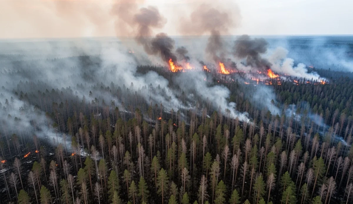 Vista aérea del incendio forestal en Anoia con humo y llamas