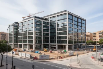 Construction site showing cranes and materials for Inditex's future offices