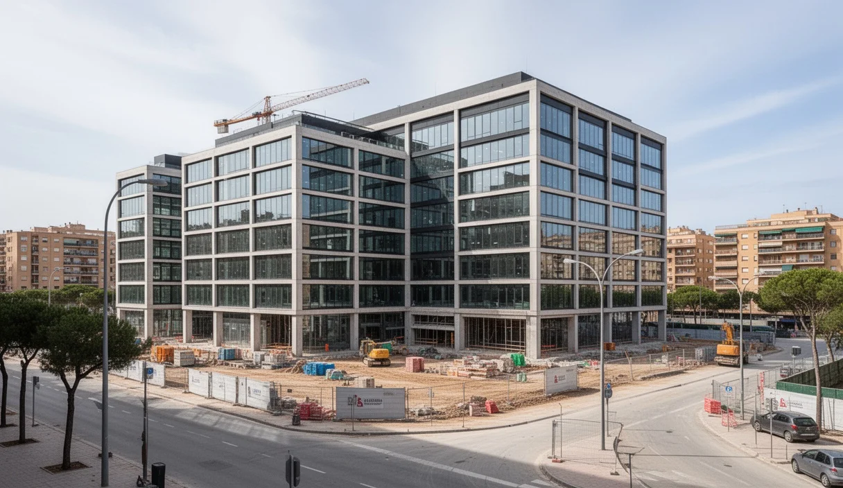 Construction site showing cranes and materials for Inditex's future offices
